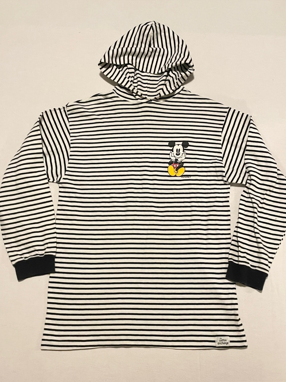 Vintage 90s Mickey Mouse Striped Hoodie Shirt The Cotton Exchange USA Medium